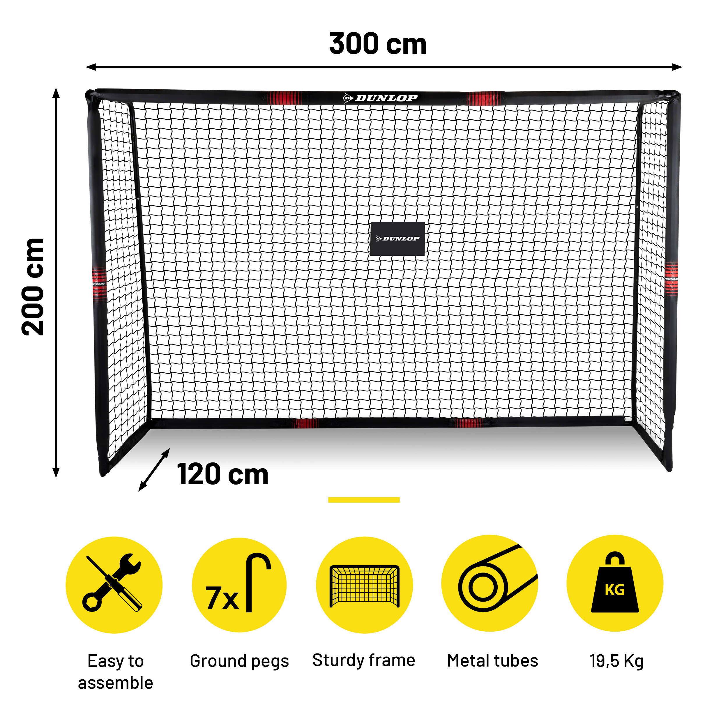 Fußballtor mit schwarzem Netz, Maße 300x200x120cm. Inklusive Erdungsstiften, stabilem Rahmen, Metallrohren und 19,5 kg.