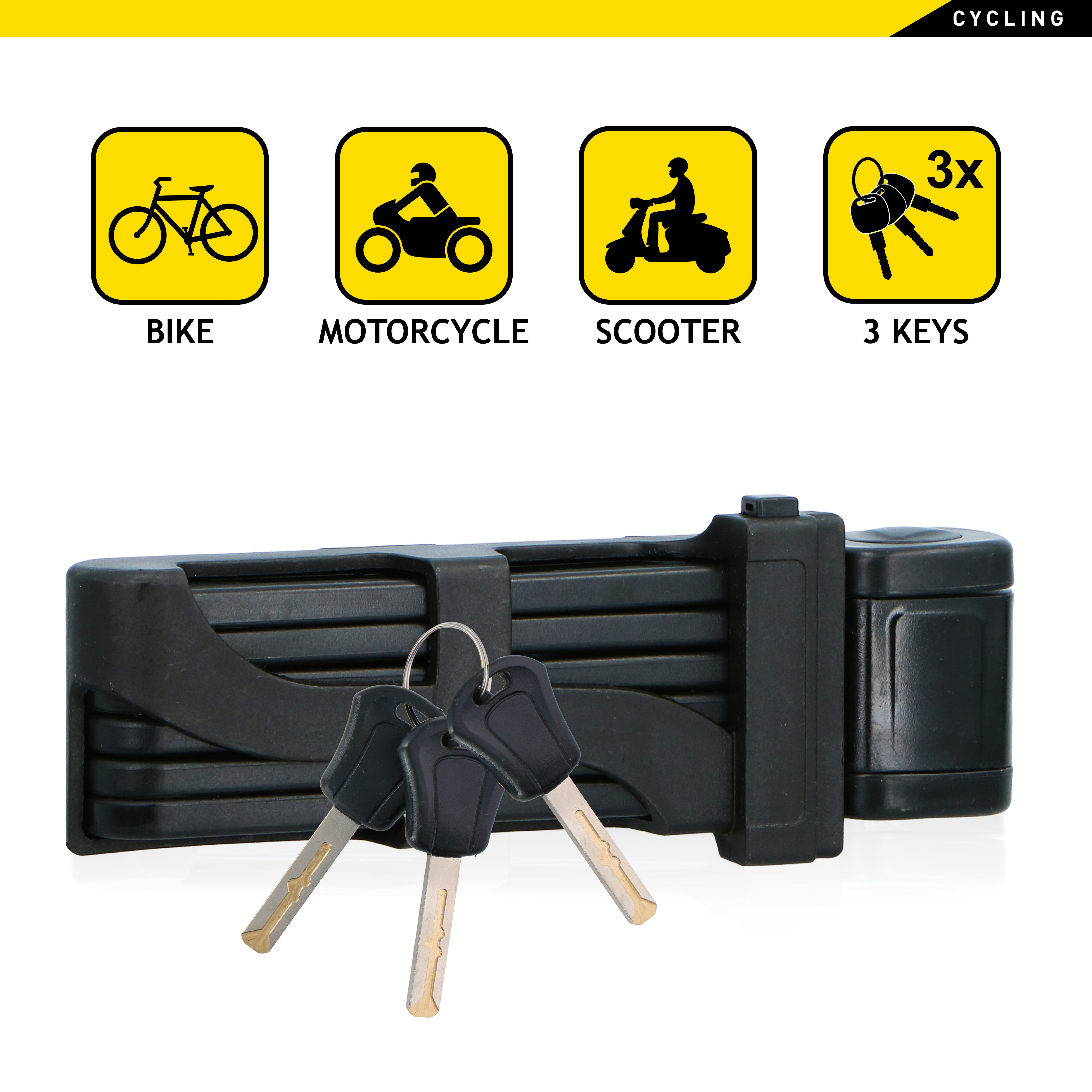 Zwart slot en sleutels met vier iconen van fiets, motor, scooter en 3 sleutels.