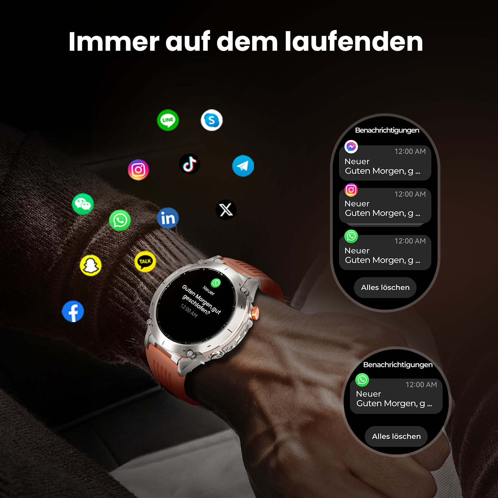 Smartwatch zeigt Benachrichtigungen von Apps an. Icons von Social-Media- und Messaging-Apps. Text: Immer auf dem Laufenden.