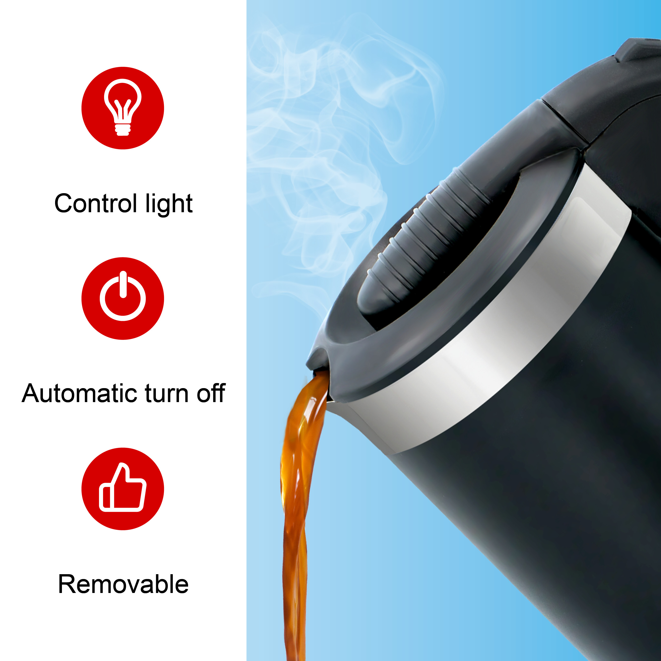 A black coffee maker with icons indicating features, with coffee pouring.