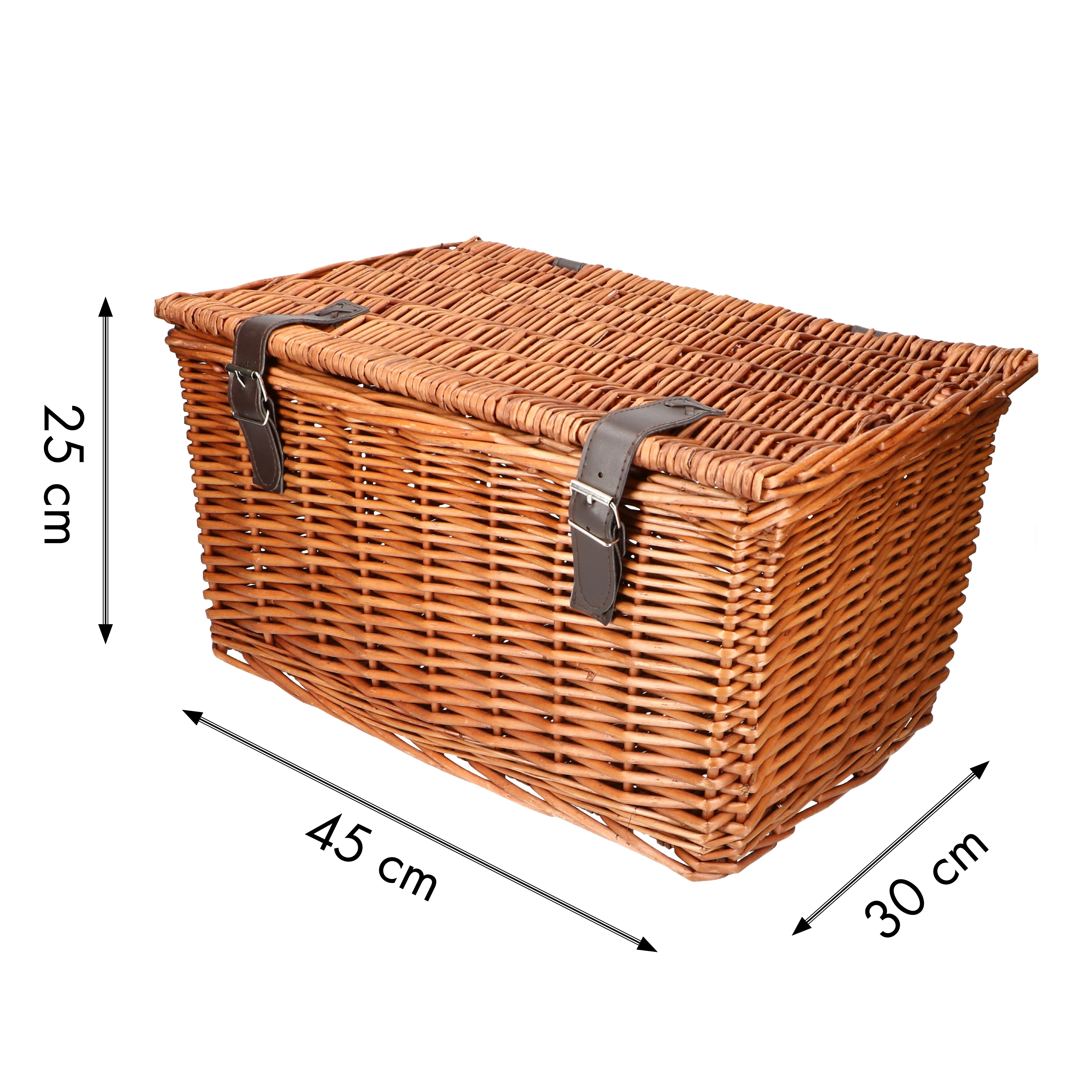 Wicker mand met een deksel, 45 cm lang, 30 cm breed en 25 cm hoog. Heeft leren riemen.