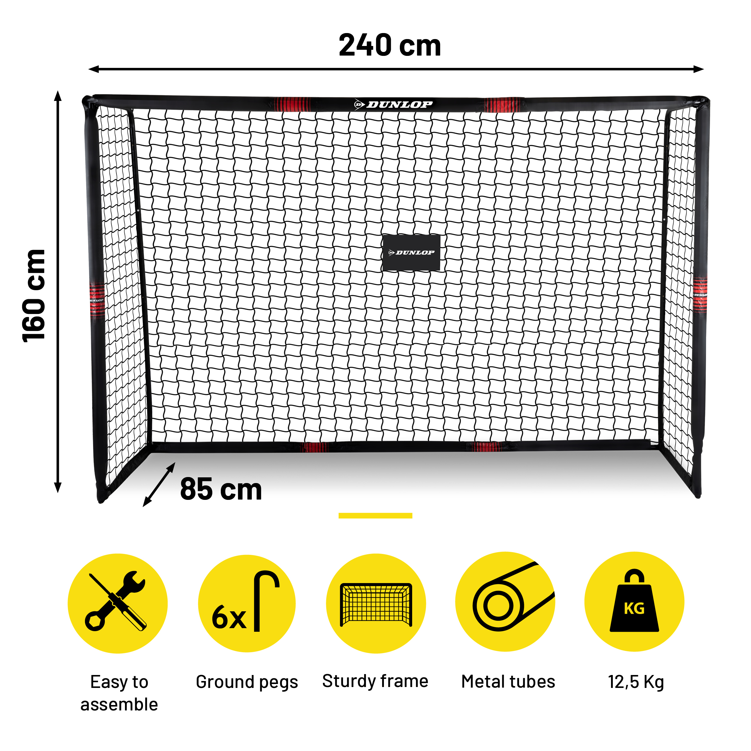 A soccer goal with dimensions and icons indicating features on a white background.