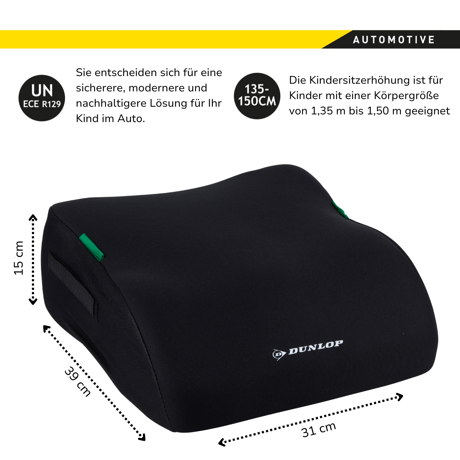 Zwarte autostoelverhoger met rode bovenkant, zwarte basis en afmetingen. Dunlop-logo.