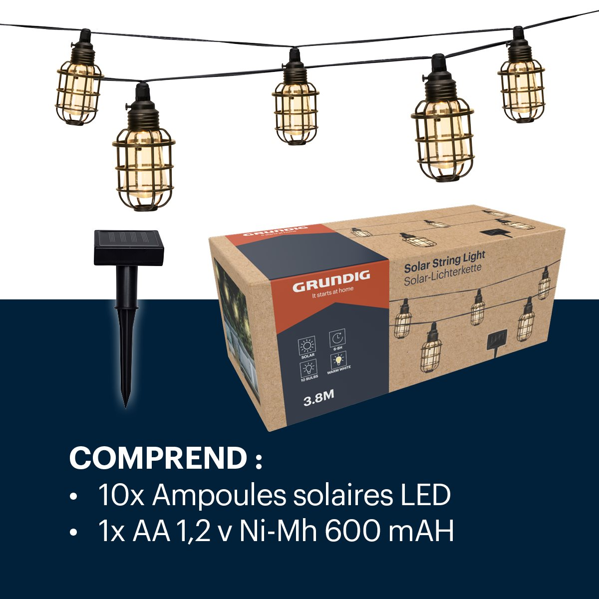 Verpakking van solar lichtsnoer met componenten, inclusief lampen in kooien en een batterij.