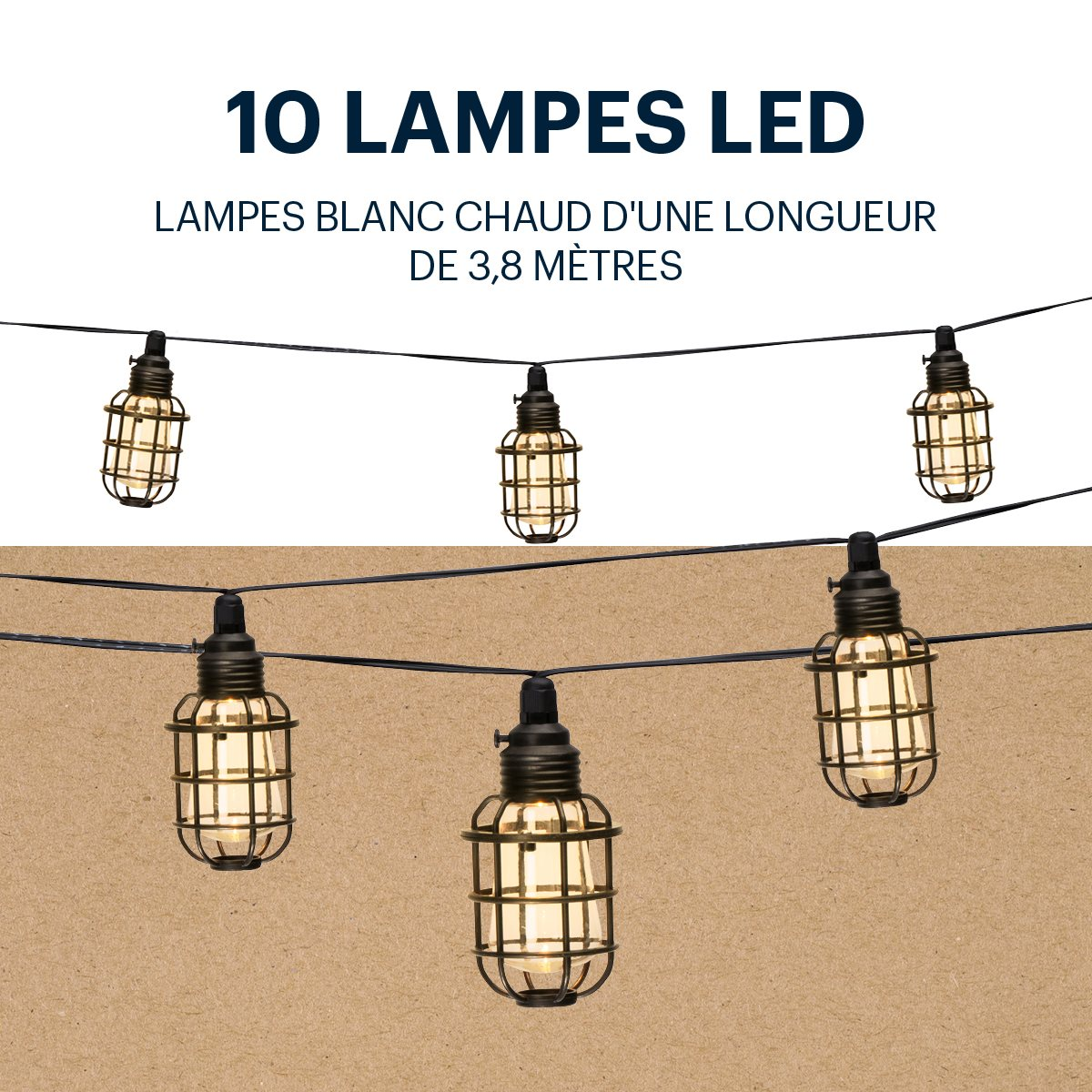 Slingers met lampen in kooien. Warm wit licht. 10 lampen. Bruine achtergrond.