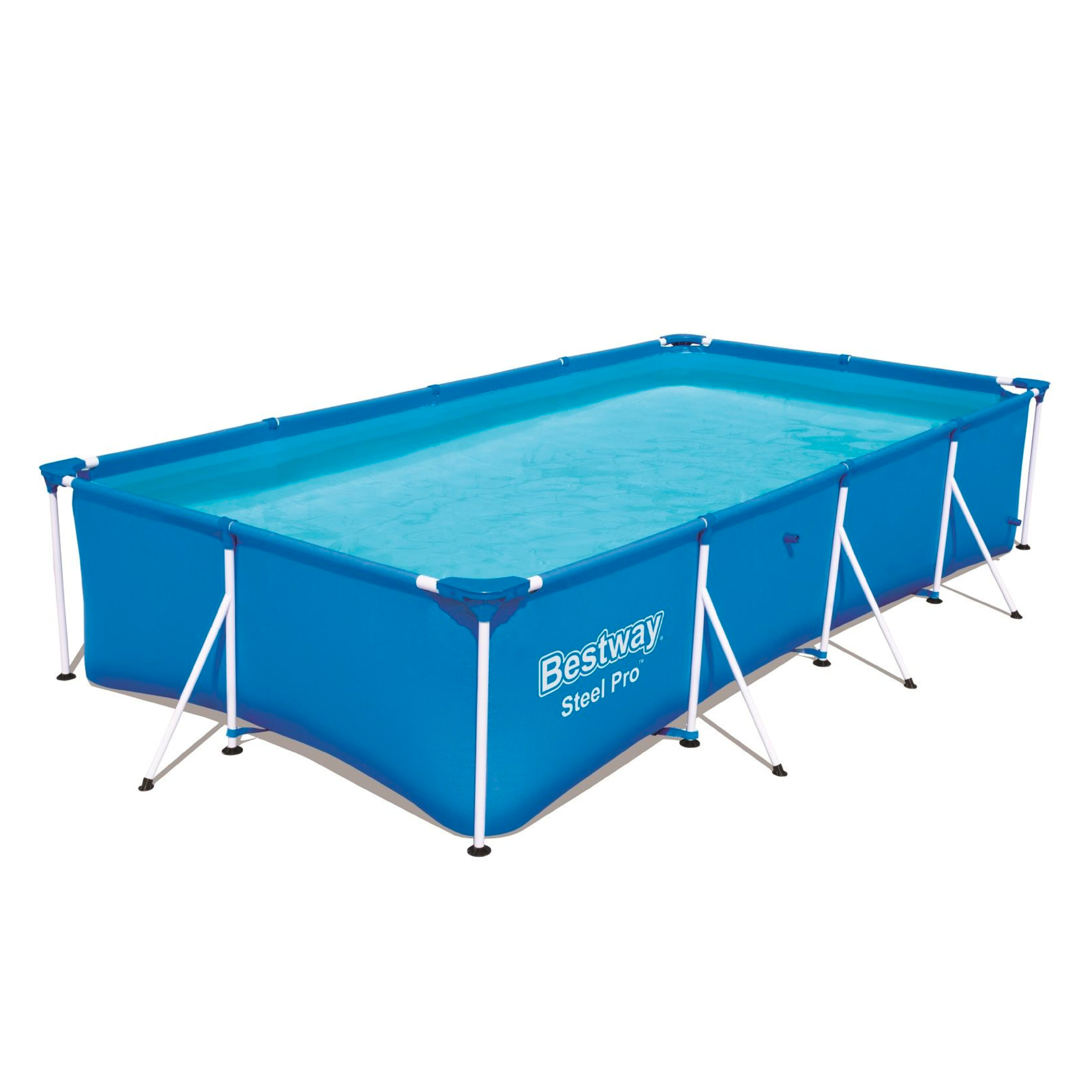 Ein blauer rechteckiger Bestway Steel Pro Aufstellpool auf weißem Hintergrund.