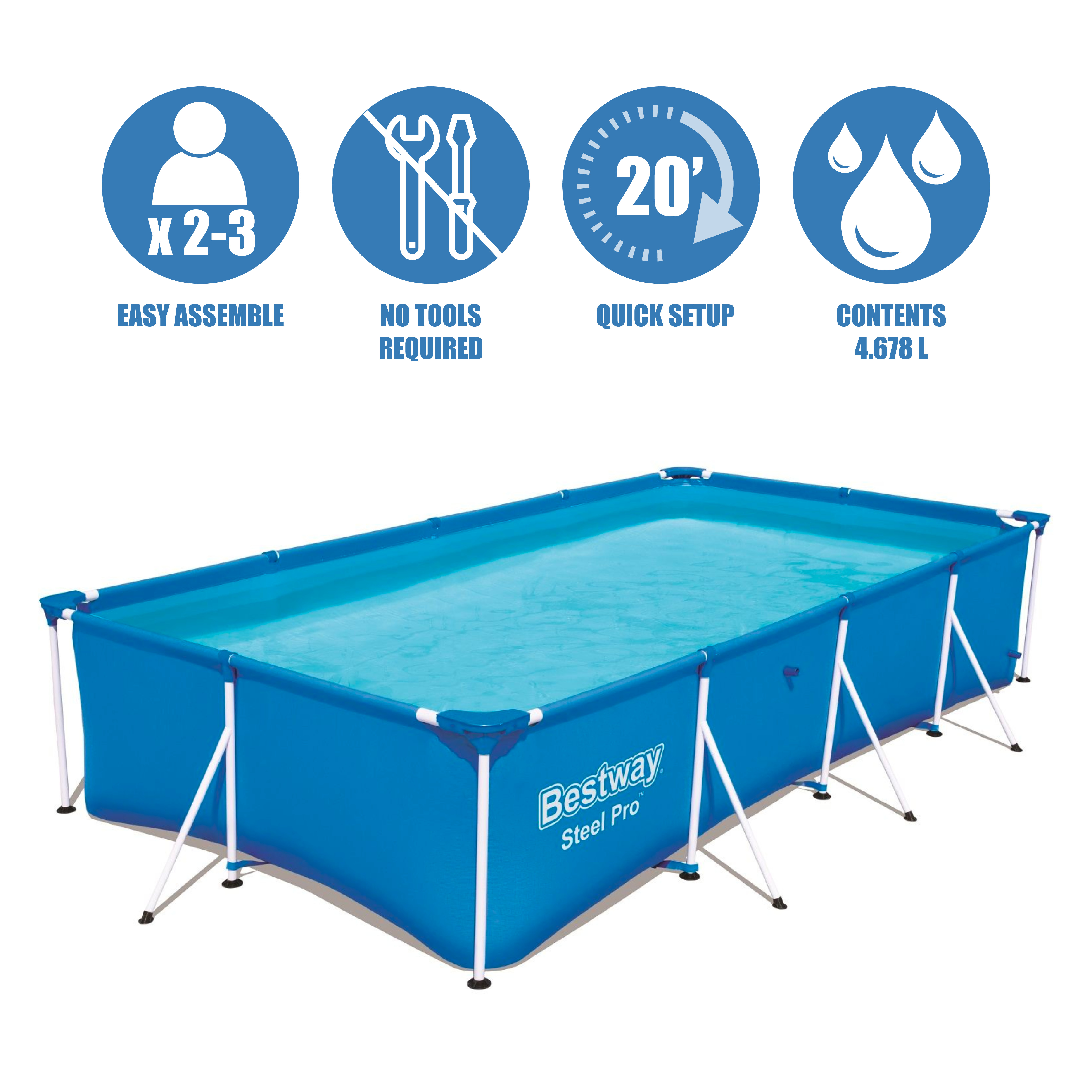 Blauer rechteckiger Pool mit weißem Rahmen und Symbolen für Kapazität, Aufbau und Benutzeranzahl.