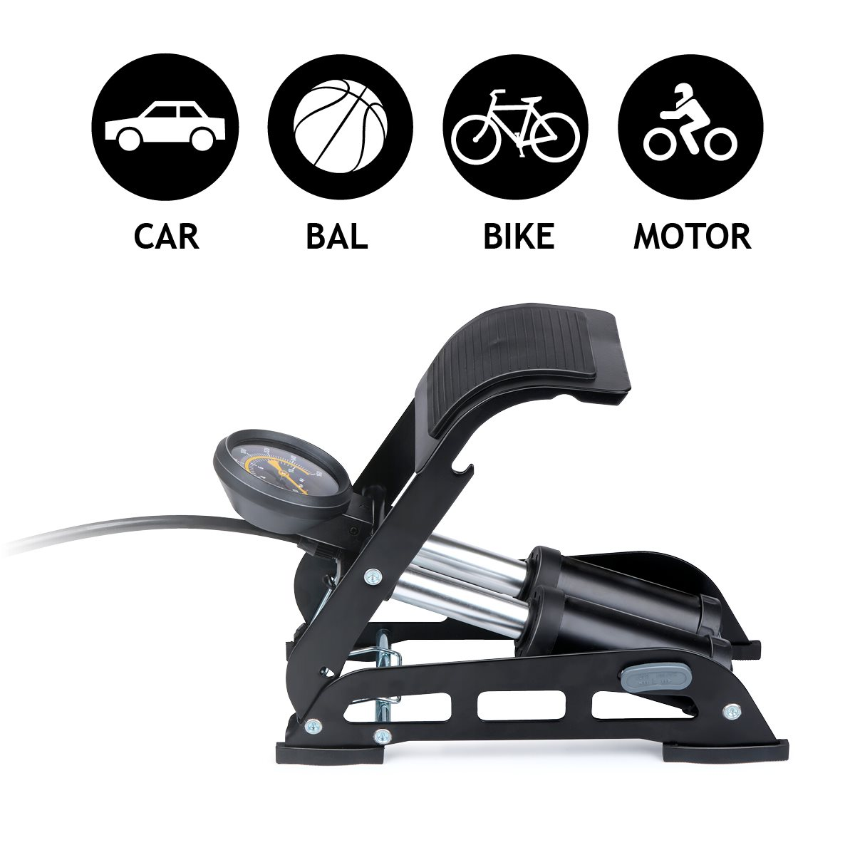 Foot pump with gauge and black body. Icons for car, ball, bike, and motor, indicating use.