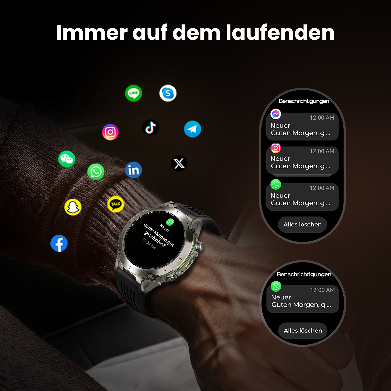 Smartwatch zeigt Benachrichtigungen, verschiedene App-Symbole und einen Arm.