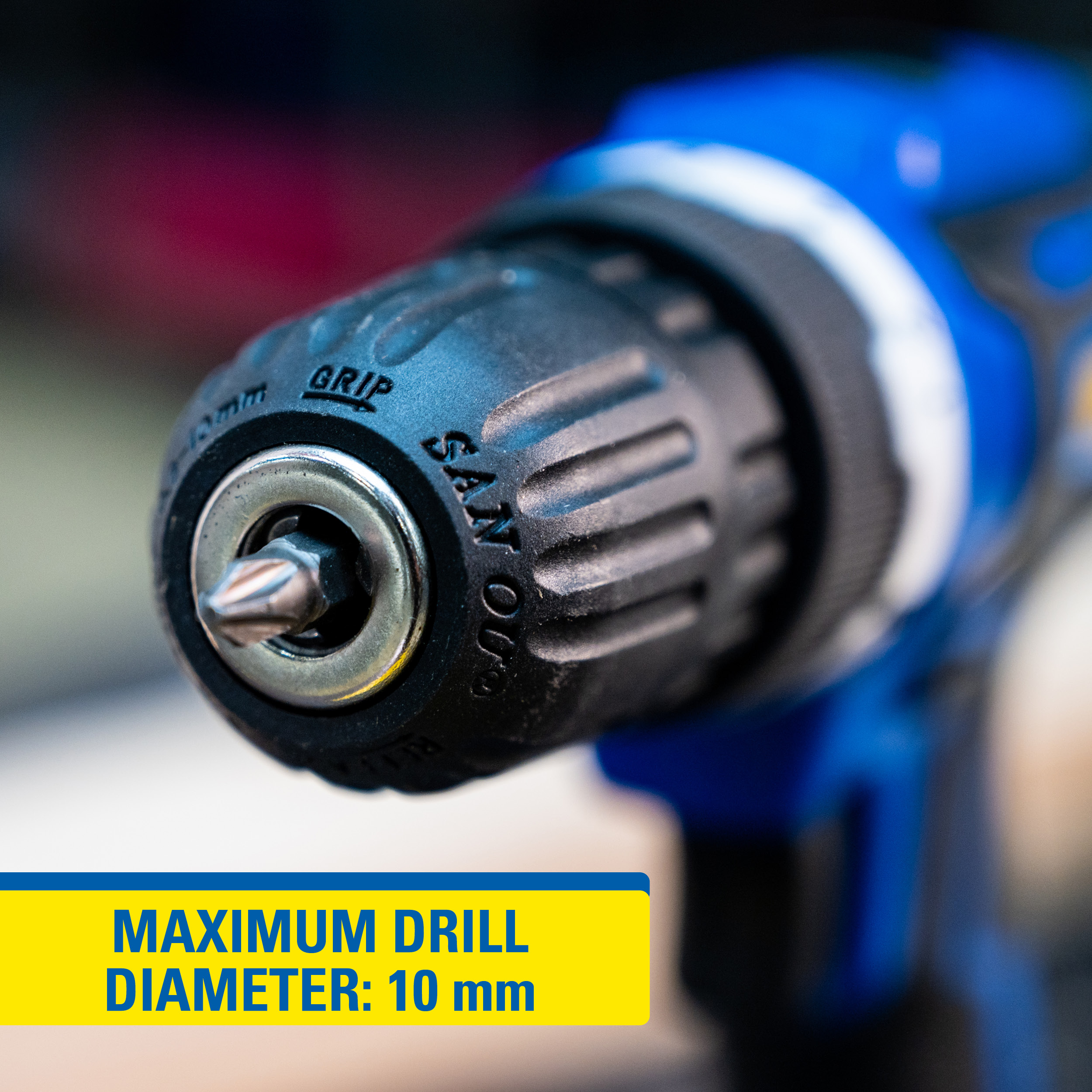 Close-up van een boor met een gele tekstvak: Maximale boordiameter: 10 mm.