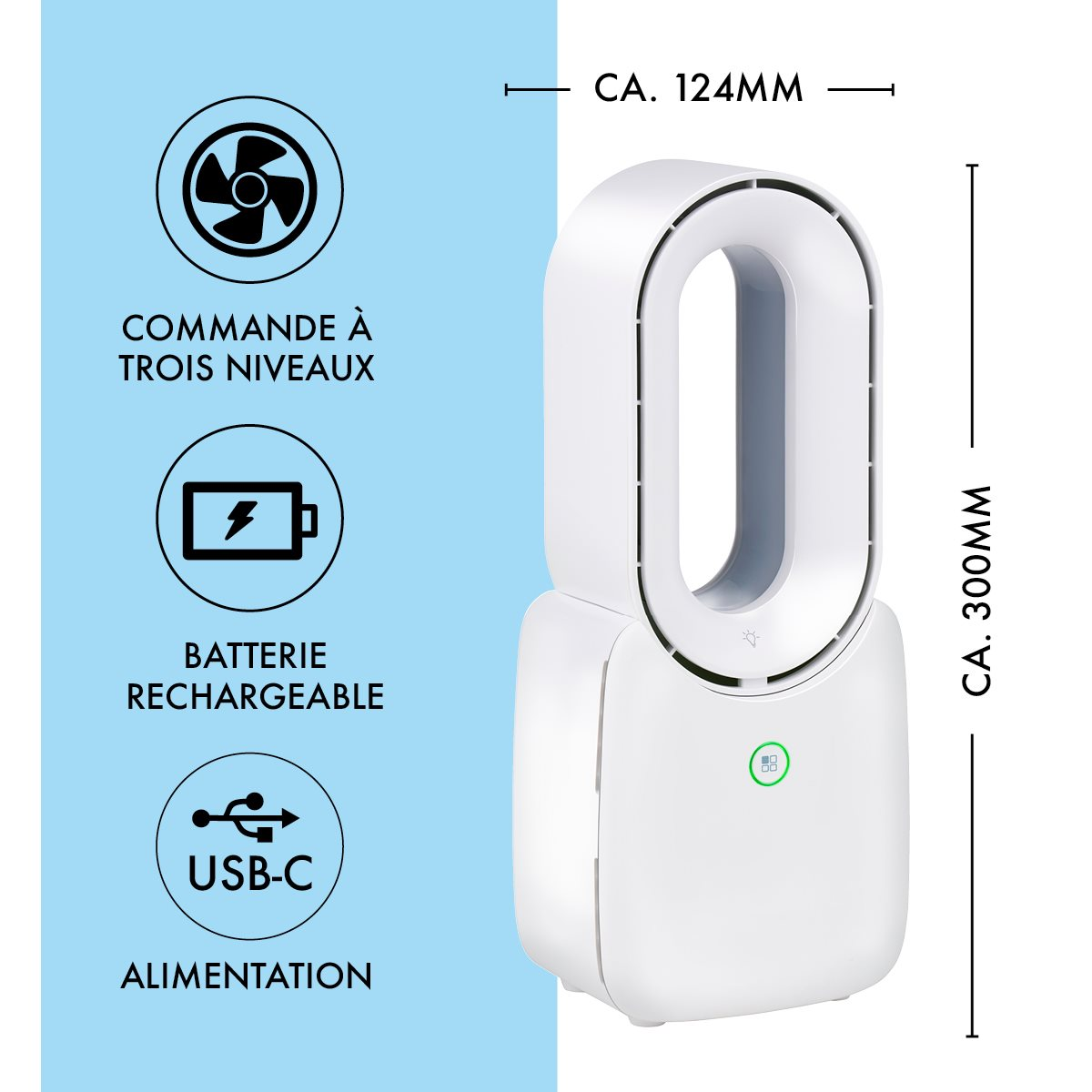 Ventilateur de refroidissement blanc avec mesures et icônes.