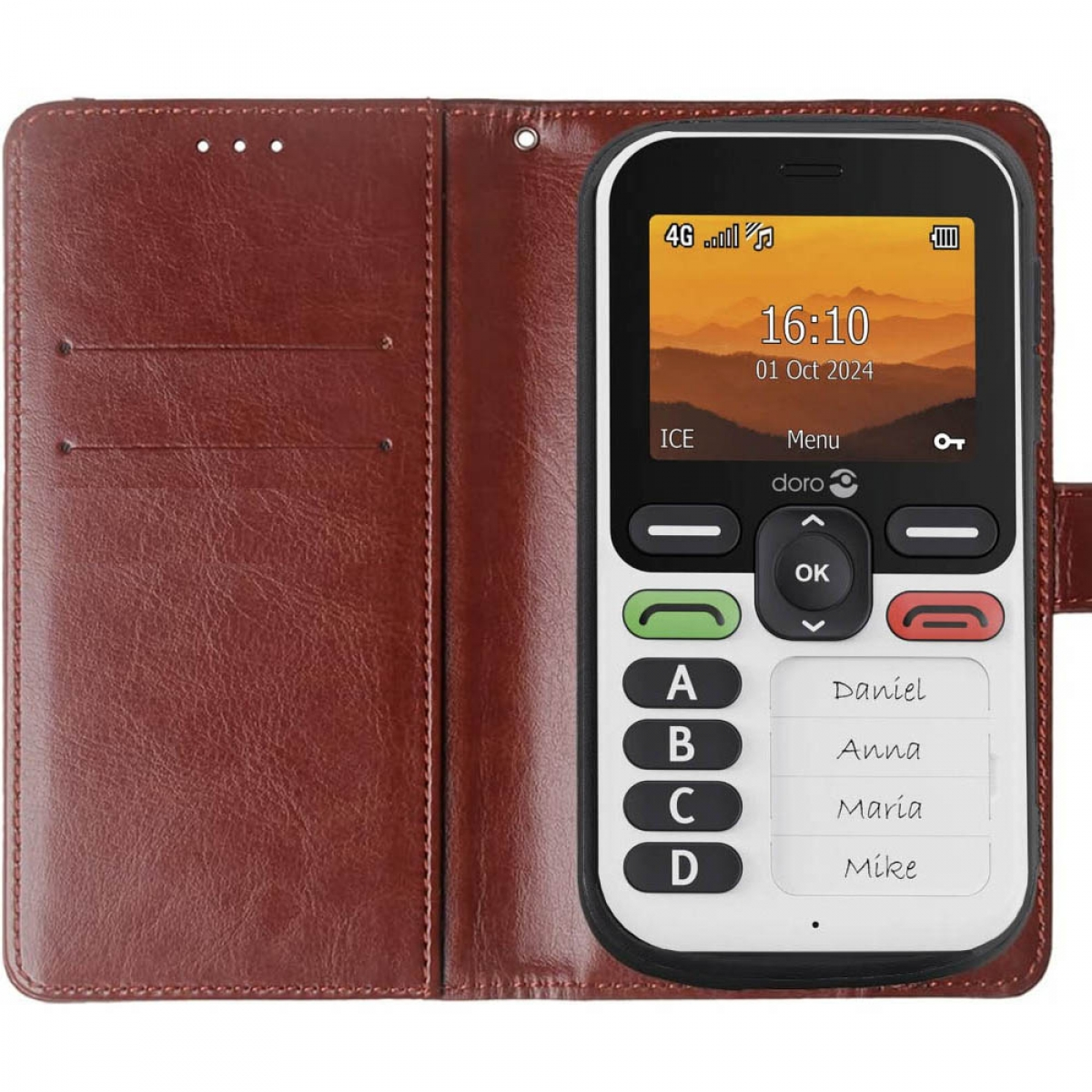 Weißes Telefon mit Datums- und Zeitanzeige, in einer braunen Lederhülle.