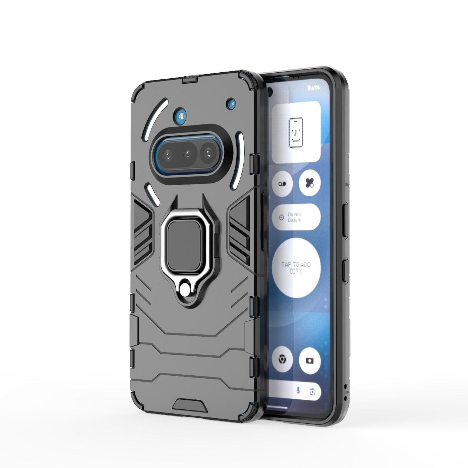 Handyhülle mit Telefon. Schwarzes Case mit Ringhalterung. Das Telefon zeigt eine Oberfläche.
