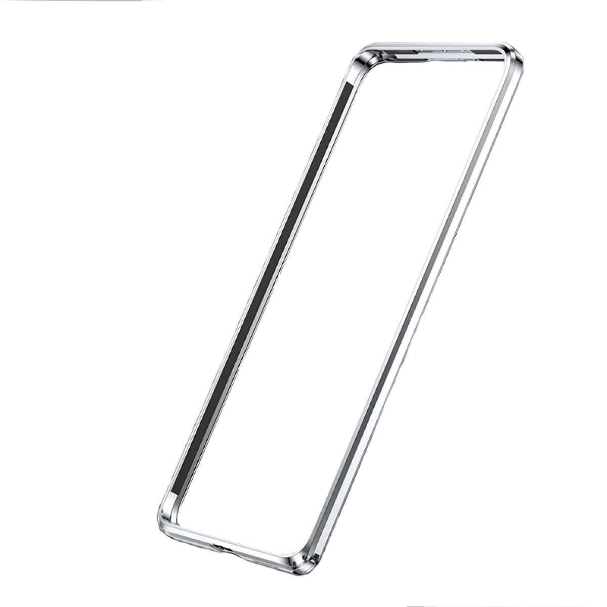 Cornice per custodia del telefono argentata, vuota, con una cornice sui bordi.