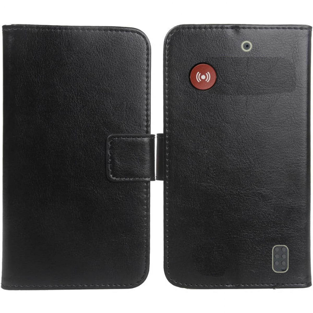 Schwarze Leder-Handyhülle, geschlossen. Mit Klappe und Knopf. Hintergrund: Weiß.