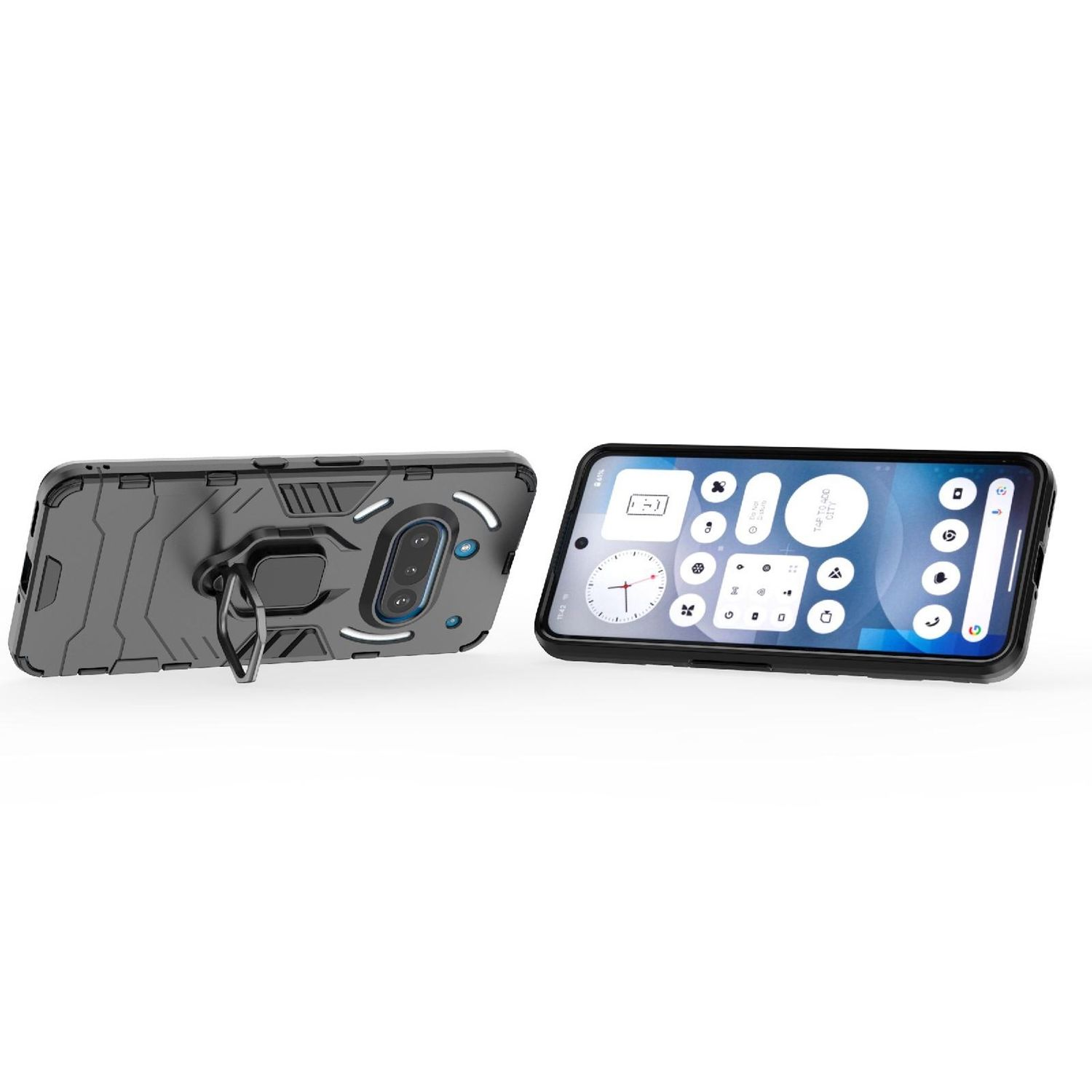 Schwarzes Telefon mit Hülle und zweiter Hülle. Telefon zeigt Oberfläche. Hintergrund: Weiß.