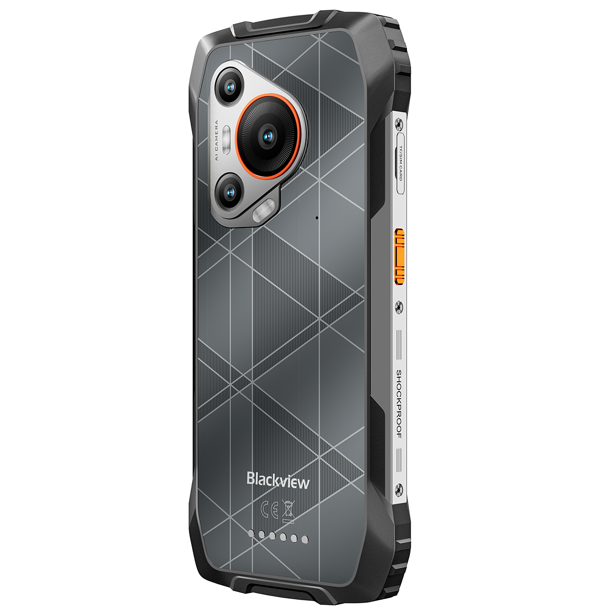 Funda de teléfono Blackview, negra y gris. Muestra la cámara y detalles. Fondo: blanco.