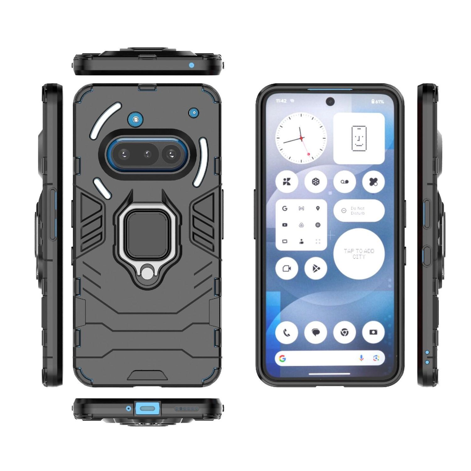Schwarzes Telefon mit Hülle und Gehäuseteilen. Telefon zeigt Oberfläche. Hintergrund: Weiß.