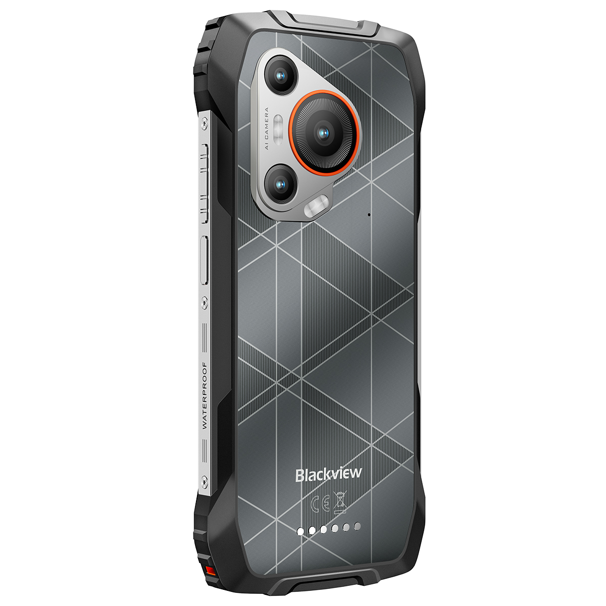 Funda de teléfono Blackview, negra y gris. Muestra la cámara y detalles. Fondo: blanco.