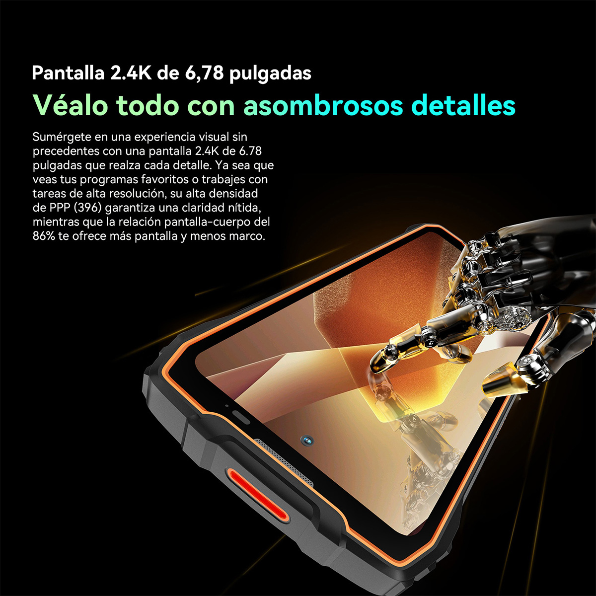 Teléfono con funda negra y naranja, sobre una superficie negra con texto. Brazos robóticos.