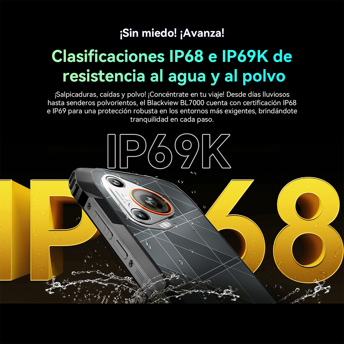 Teléfono negro con salpicaduras de agua y números y texto dorados: IP68, IP69K.