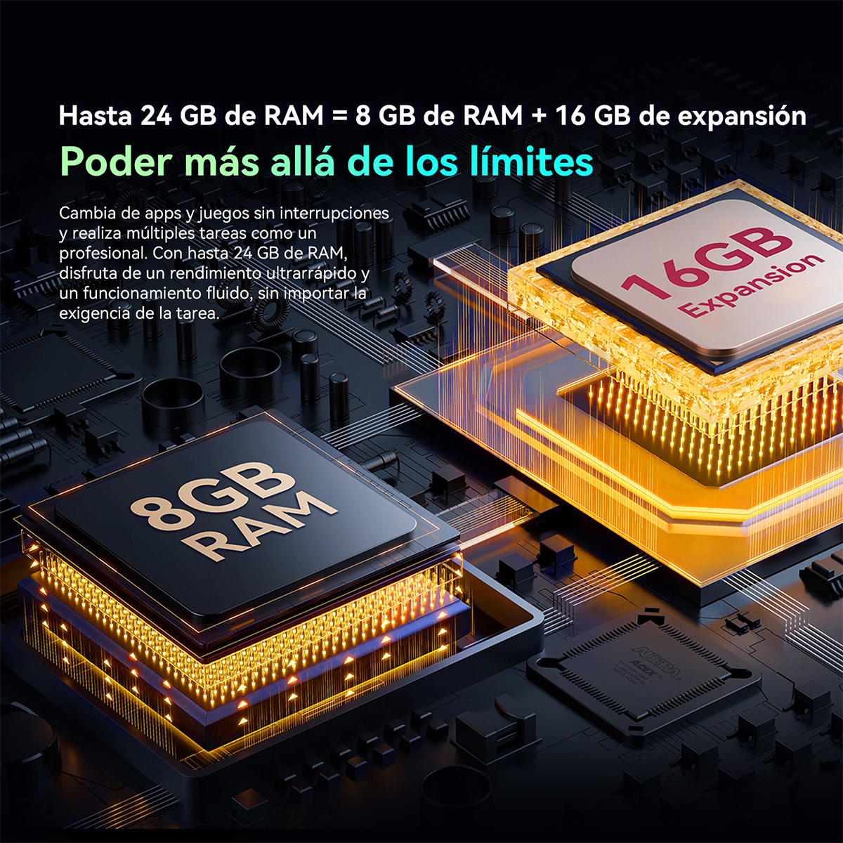 Imagen que muestra una placa de circuito de computadora con texto sobre RAM y expansión.