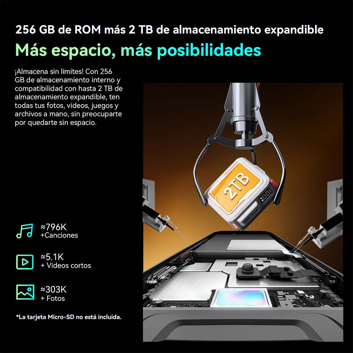 Un brazo robótico sostiene un dispositivo de almacenamiento de 2TB. Texto: 'Más espacio, más posibilidades'. Contiene iconos.
