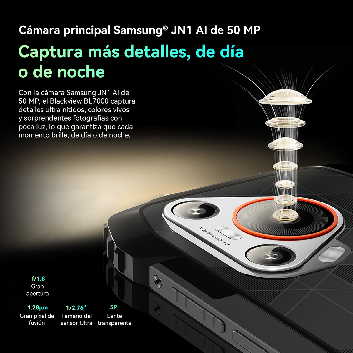 Primer plano de un teléfono con cámara. Texto: 'Captura más detalles, de día o de noche'. Muestra detalles cámara.