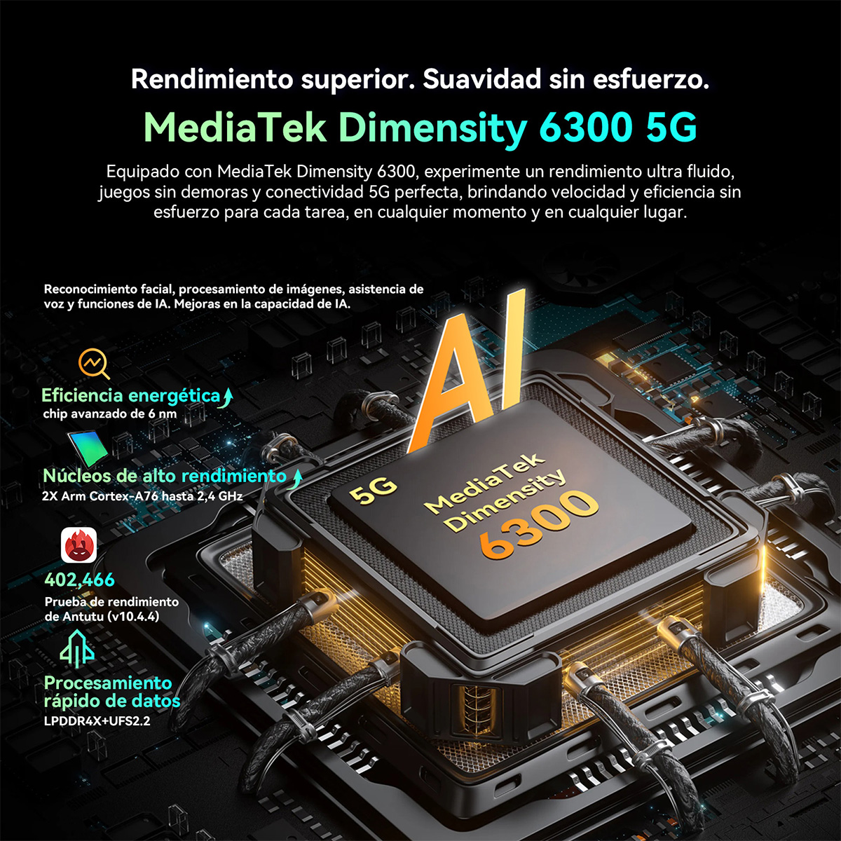 Un chip de computadora con texto sobre MediaTek Dimensity 6300 5G y otras características.