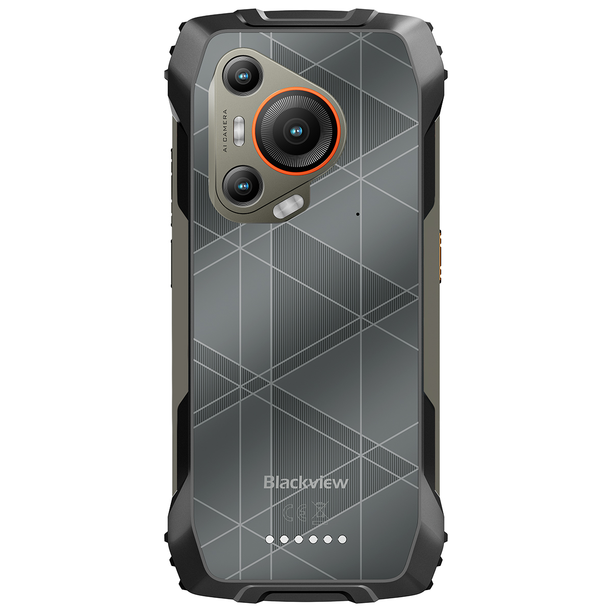 Parte trasera de un smartphone negro con tres cámaras, patrón geométrico y logo Blackview.