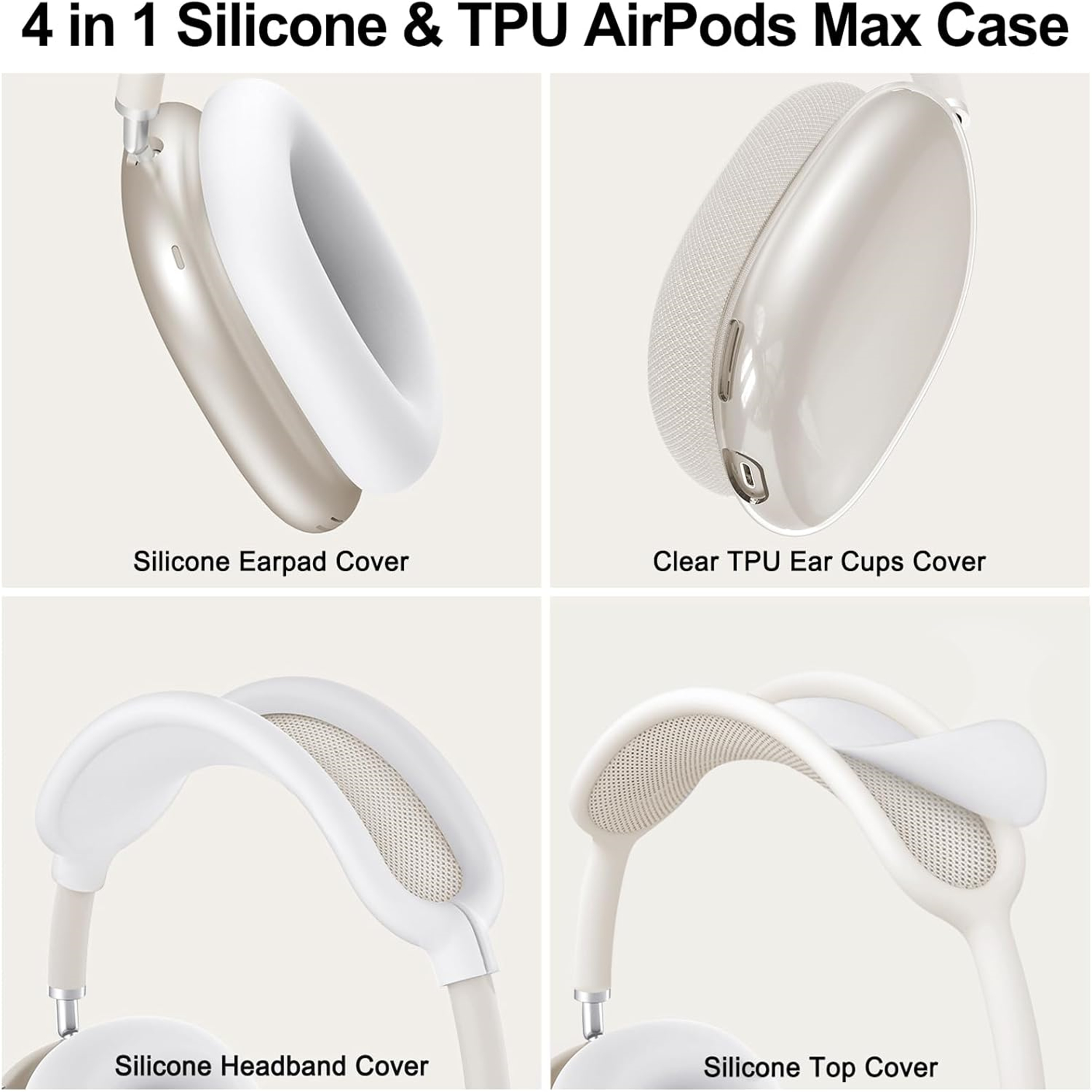 Vier Bilder von AirPods Max-Gehäusekomponenten: Ohrmuschelbezug, Ohrmuschelbezug, Kopfbügelbezug und oberer Bezug.