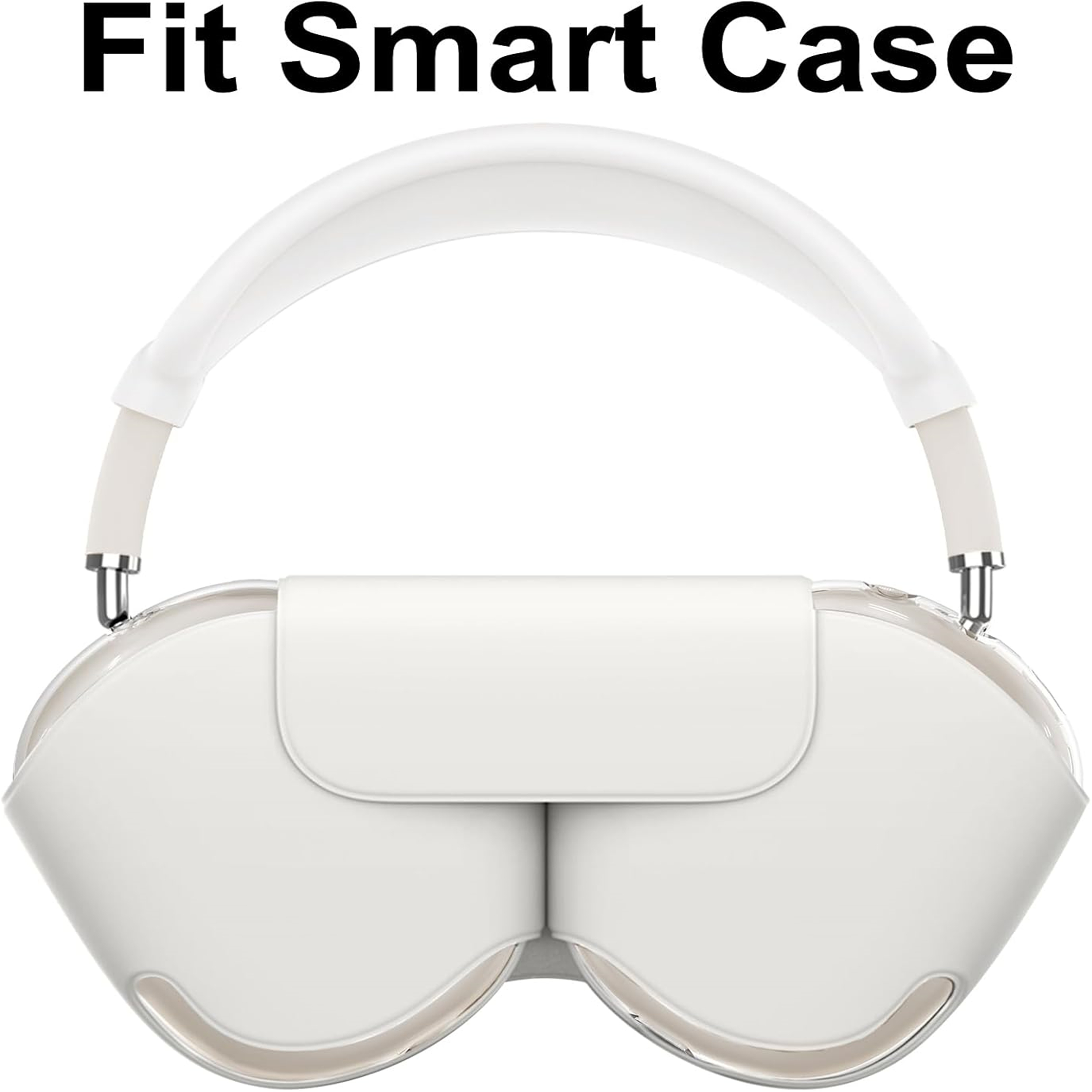 Weiße Kopfhörer in einem Etui, auf weißem Hintergrund. Text: Fit Smart Case.