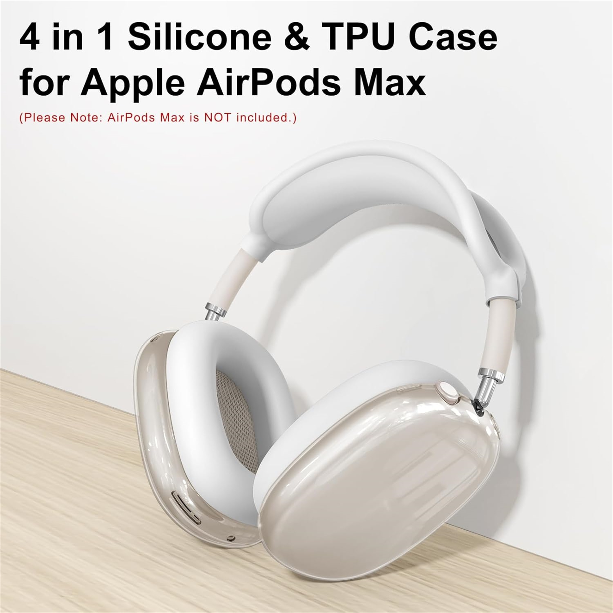Weiße Kopfhörer und beiges Gehäuse auf einem Tisch. Text: 4 in 1 Silikon- und TPU-Hülle für Apple AirPods Max.