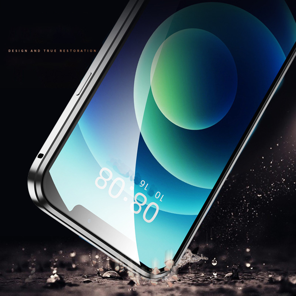 Ein Telefon mit einem blau-weißen Bildschirm. Das Telefon ist geneigt, mit einem wasserartigen Effekt am Boden.
