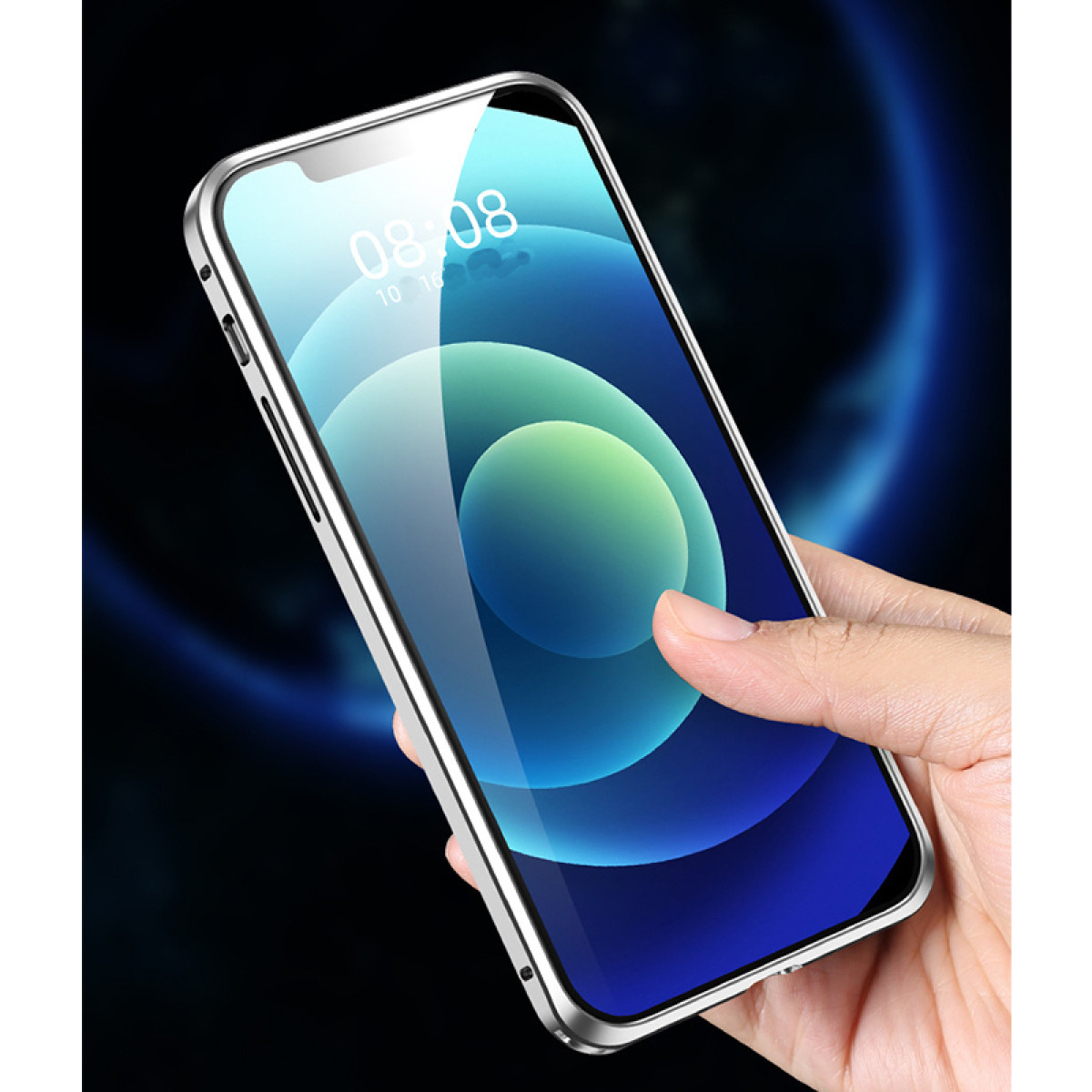 Smartphone-Bildschirm mit blau-grünem Farbverlauf-Hintergrund, der die Uhrzeit anzeigt. Hand, die das Telefon hält.