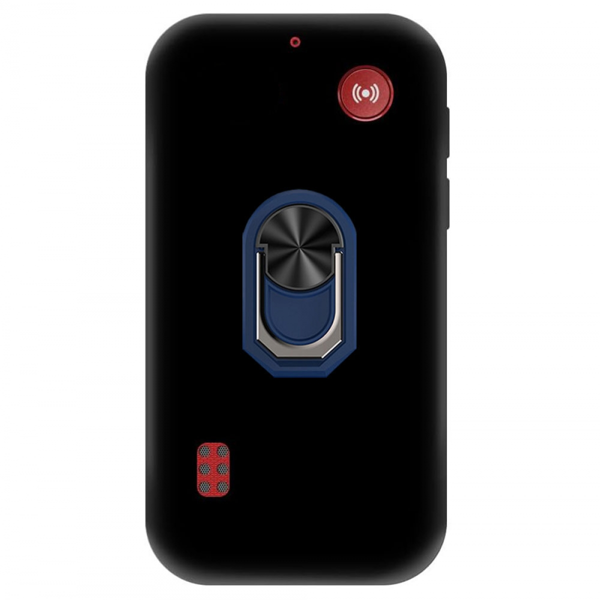 Schwarze Telefonrückseite mit rotem Knopf, Ringhalter und kleinem Lautsprecher. Auf weißem Hintergrund.