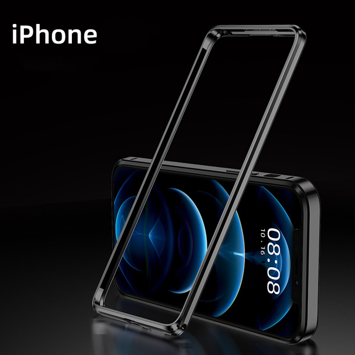 Ein Telefon in einem schwarzen Rahmen. Das Telefon hat einen blau-weißen Bildschirm. Darüber steht iPhone.
