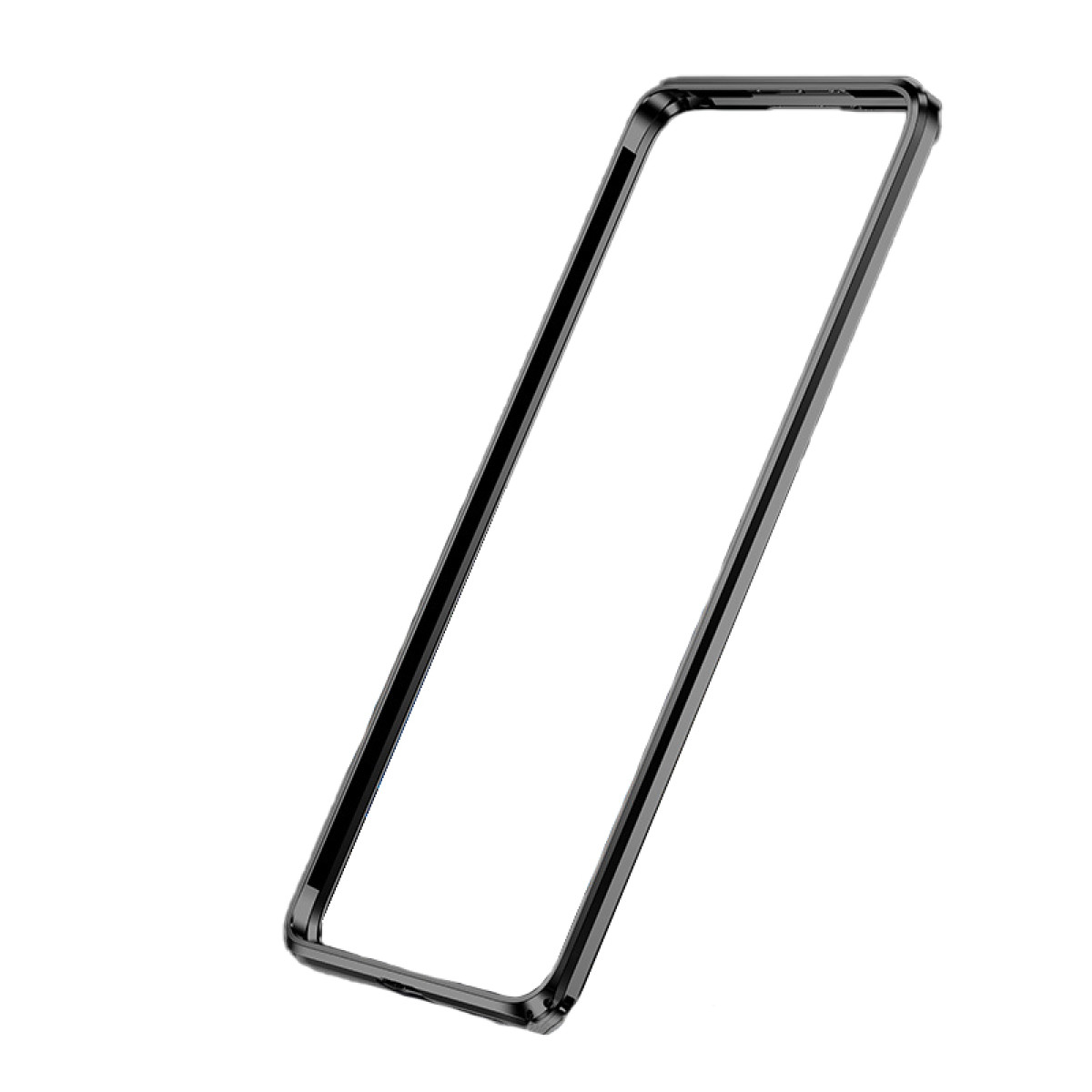Custodia con cornice per telefono nera, angolata, sfondo bianco.