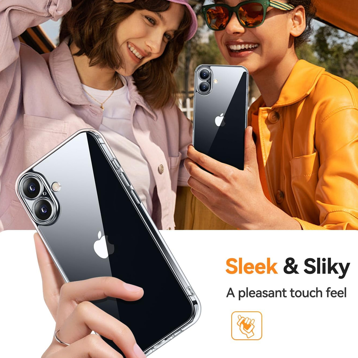 Personen halten Telefon mit klarer Hülle, Text: Sleek & Silky.