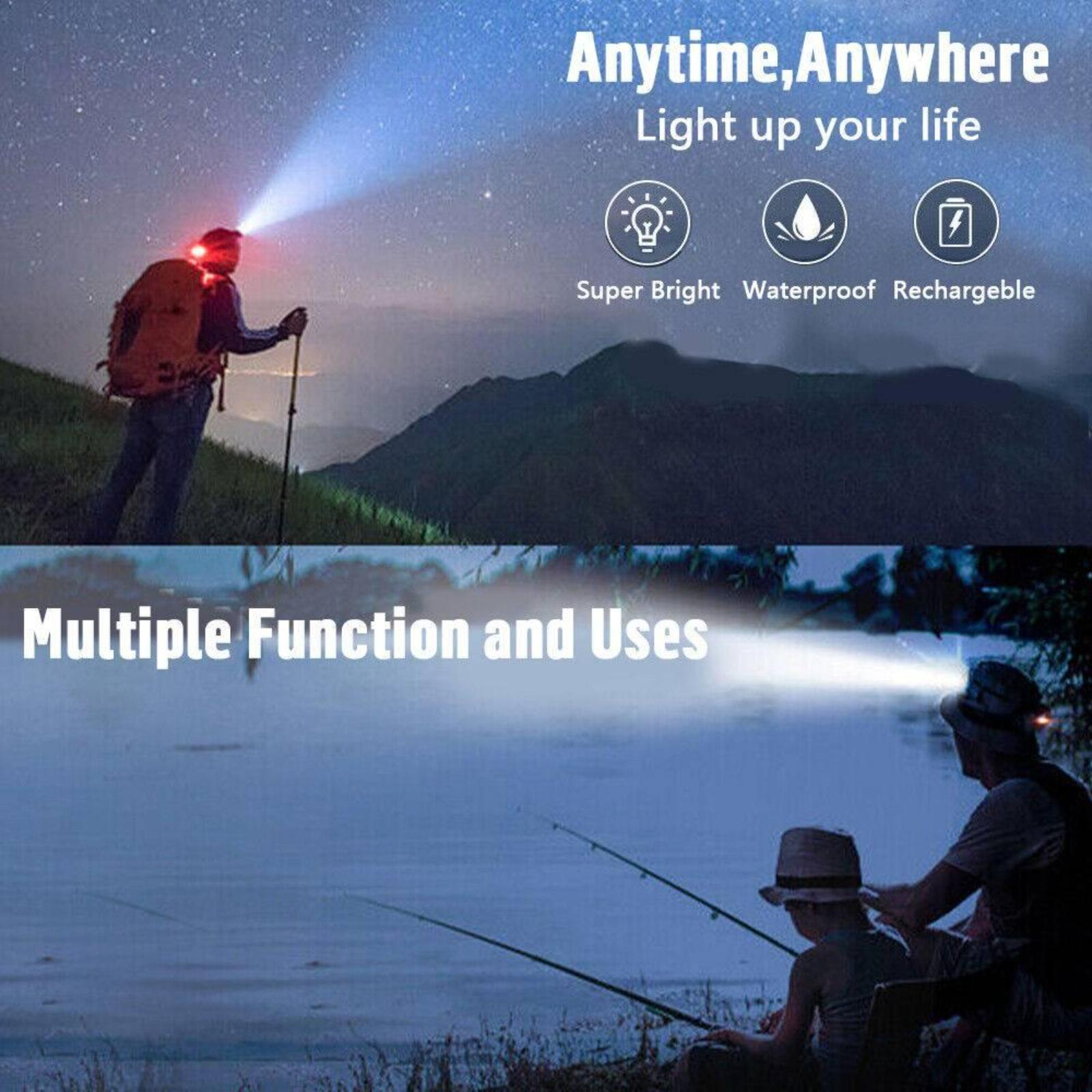 Eine Person mit Stirnlampe und eine Person, die nachts an einem See angelt. Text lautet: 'Jederzeit, überall'.