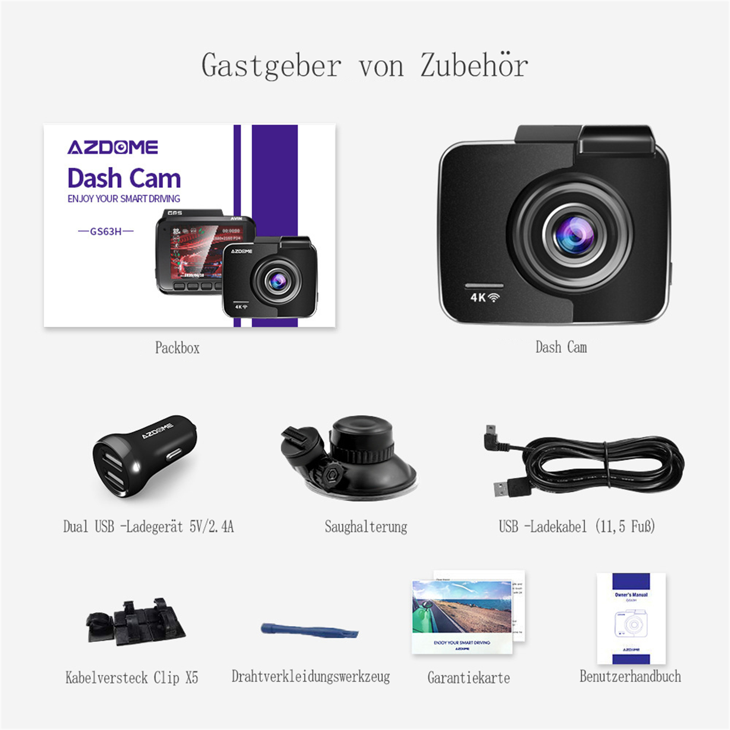 Dashcam-Zubehör: Cam, Dual-USB-Ladegerät, Saughalterung, USB-Kabel, Kabelclips und Handbuch.