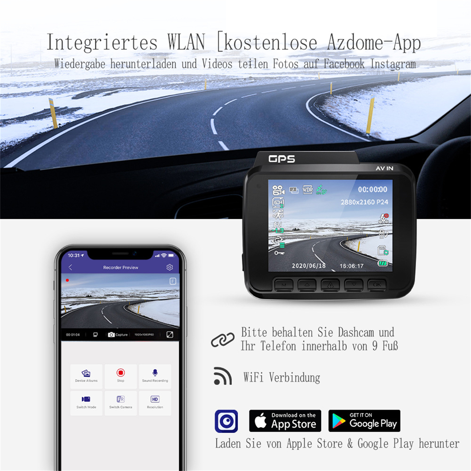 Dashcam mit Telefonbildschirm, der die Straßenansicht zeigt. Telefon und Dashcam sind verbunden. Der Hintergrund zeigt eine verschneite Straße.