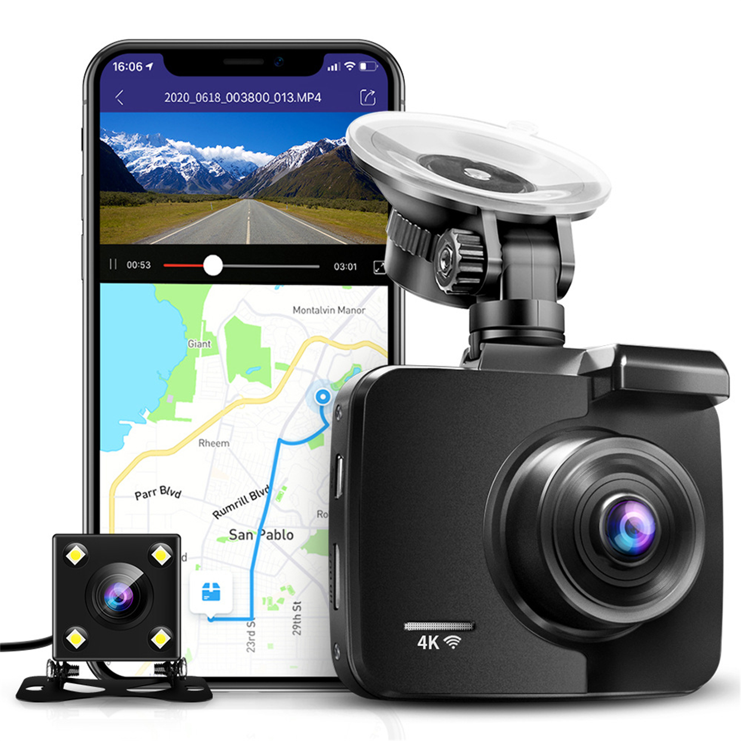 Dashcam und Telefon, das ein Video anzeigt. Auto und Straße im Hintergrund.