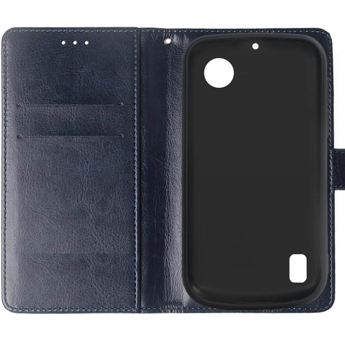 Eine blaue Leder-Handyhülle, geöffnet, um den Telefonhalter zu zeigen. Der Telefonhalter ist schwarz.