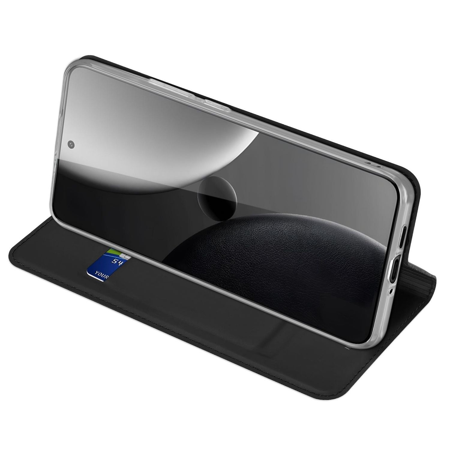 Schwarze Handyhülle mit Telefon, Karte in der Vordertasche.