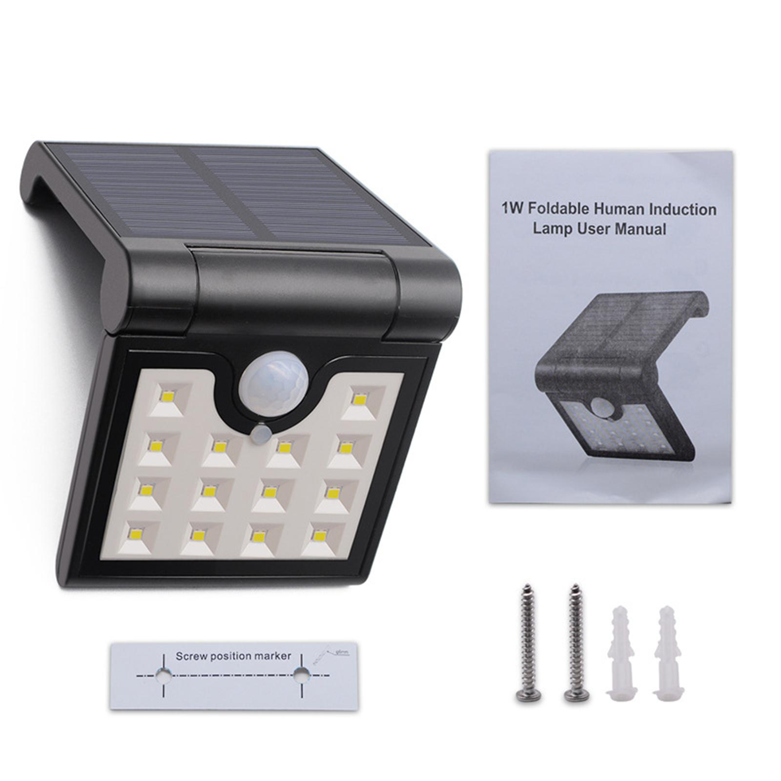 Solarpanel mit menschlicher Induktionslampe. Enthält Schrauben, Handbuch und eine Schraubenpositionsmarkierung.