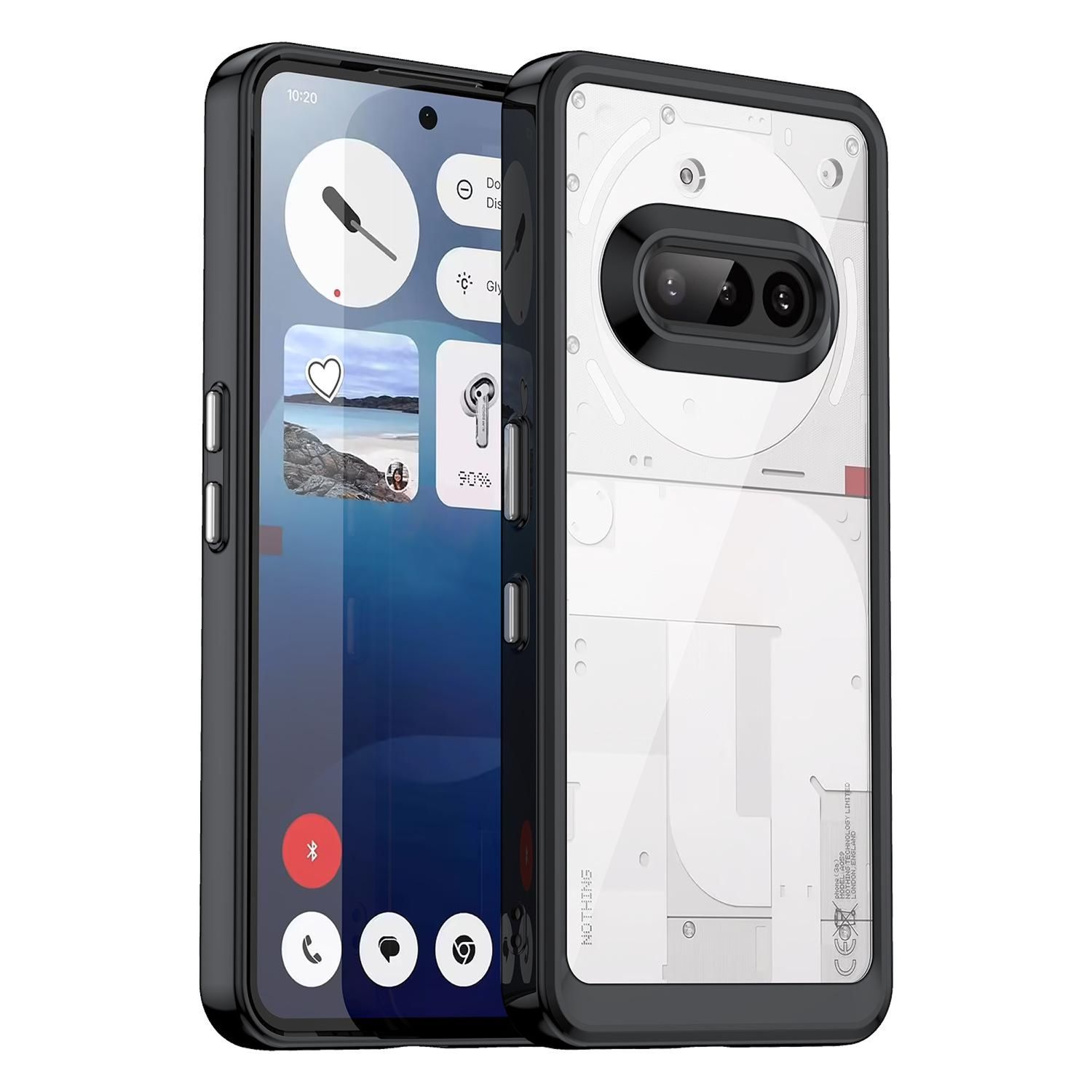 Zwei Smartphones. Eins mit schwarzem Gehäuse, das andere transparent, beide zeigen App-Anzeigen.