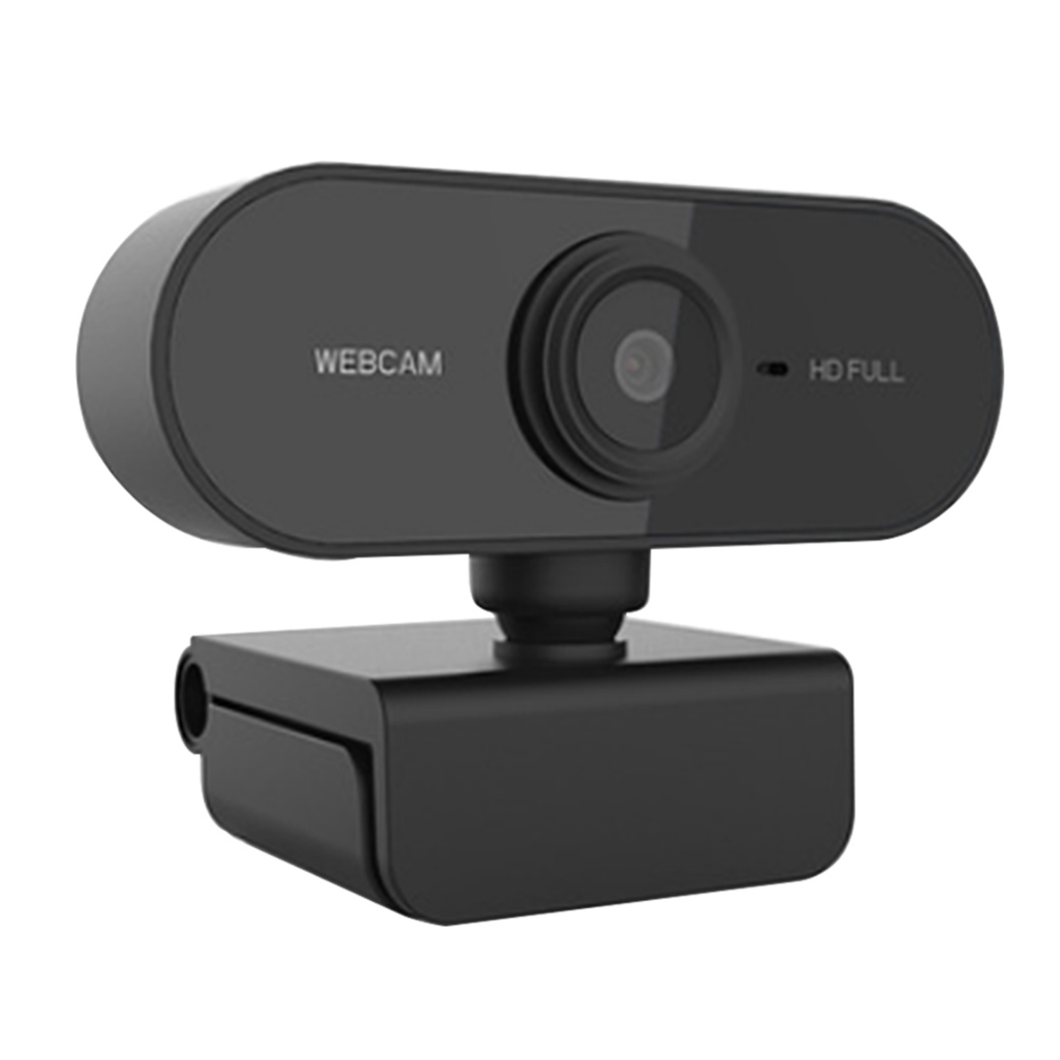 Schwarze Webcam mit Objektiv. Text: 'WEB CAM' und 'HD FULL'. Sie steht auf einem schwarzen Sockel.