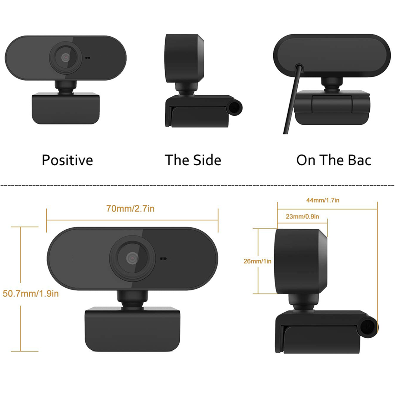 Webcam in mehreren Ansichten. Schwarze Farbe, Vorder-, Seiten- und Rückansicht.
