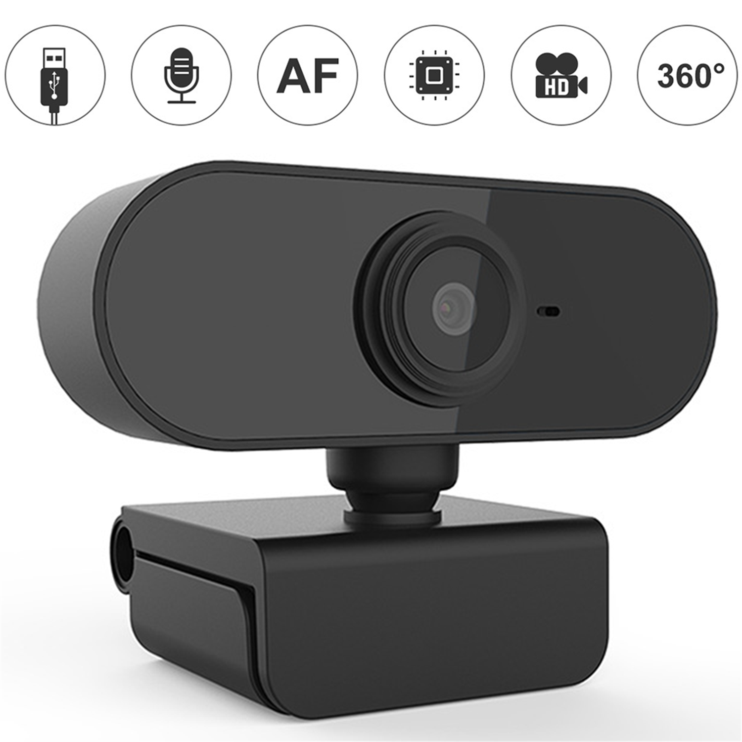 Webcam mit schwarzer Farbe und schwarzem Ständer. Mit Symbolen: USB, Mikro, AF, HD, 360°.